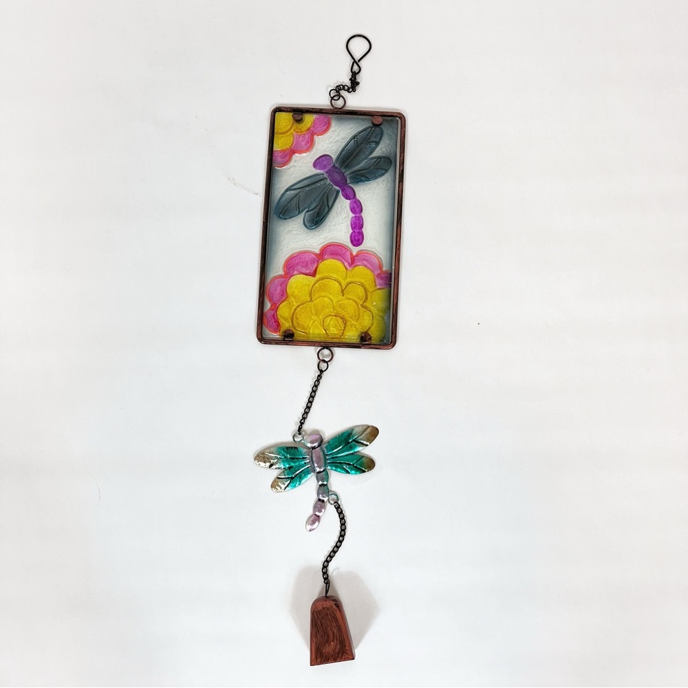 Suncatcher Hanging Painted Glass Dragonfly With Metal Dragonfly and Copper Bell